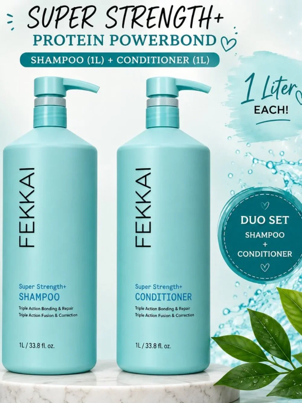 FEKKAI Super Strength+ Shampoo & Conditioner Set (Jumbo) 1L each/ 33.8 fl oz